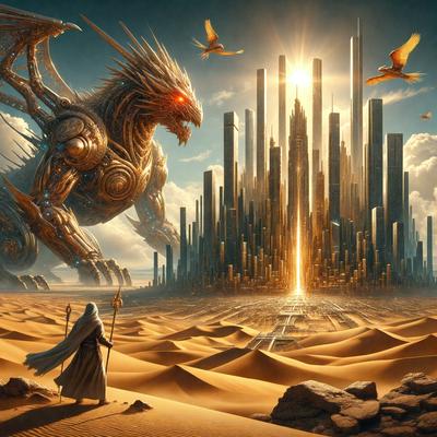 Primary subject: A dragon or a robotic creature with a dragon head, standing in a desert-like environment.

Setting/background: The creature is standing in a desert-like area with sand and a few buildings in the background.

Visual style: The image is a digital art or illustration, featuring a detailed and intricate design.

Colors and mood: The colors in the image are predominantly earth tones, such as brown, beige, and orange, which create a warm and